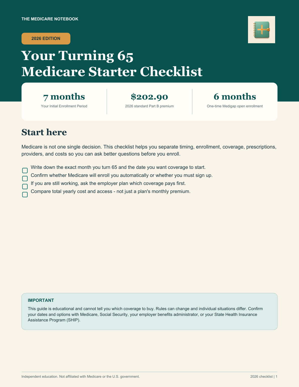 Cover of the 2026 Turning 65 Medicare Checklist